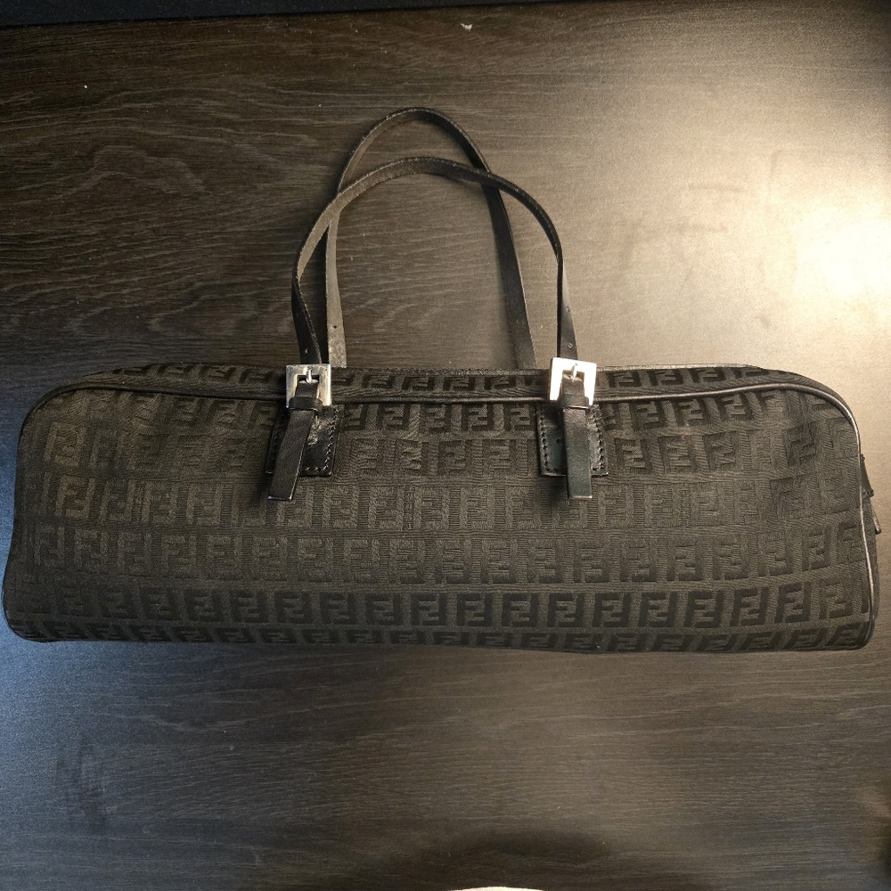 Vintage FENDI Zucchino Zucca Boston Handbag Silver Hardware Black